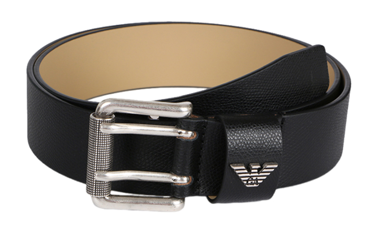 Emporio Armani Black Leather Belt, Adjustable Pin Buckle, Logo Plaque, 3.8cm Wide Y4S079-YAQ2G-81072