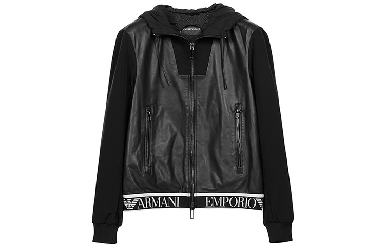 Emporio Armani Black Leather Jacket with Logo and Hood 91B61P-91P61-999