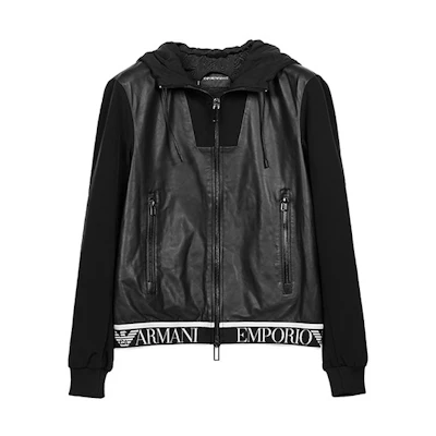 Emporio Armani Black Leather Jacket with Logo and Hood 91B61P-91P61-999