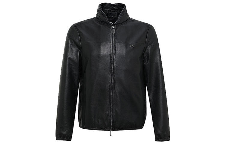 Emporio Armani Black Leather Jacket with Solid Color and Zipper 6Z1BQ0-1LBAZ-0999