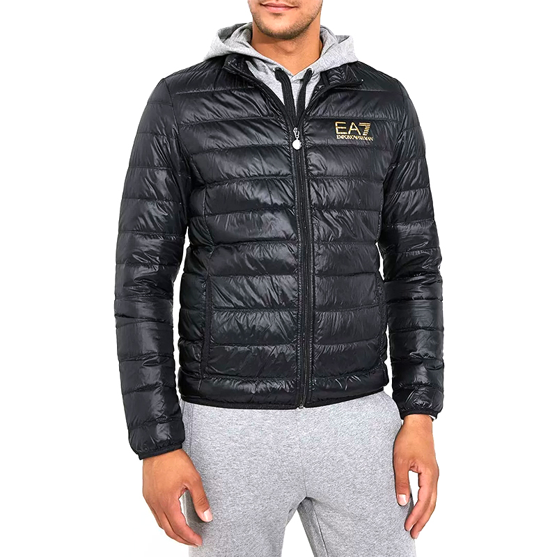 Shop EMPORIO ARMANI Black Lightweight Puffer Jacket with Logo Print 8NPB01-PN29Z-0208
