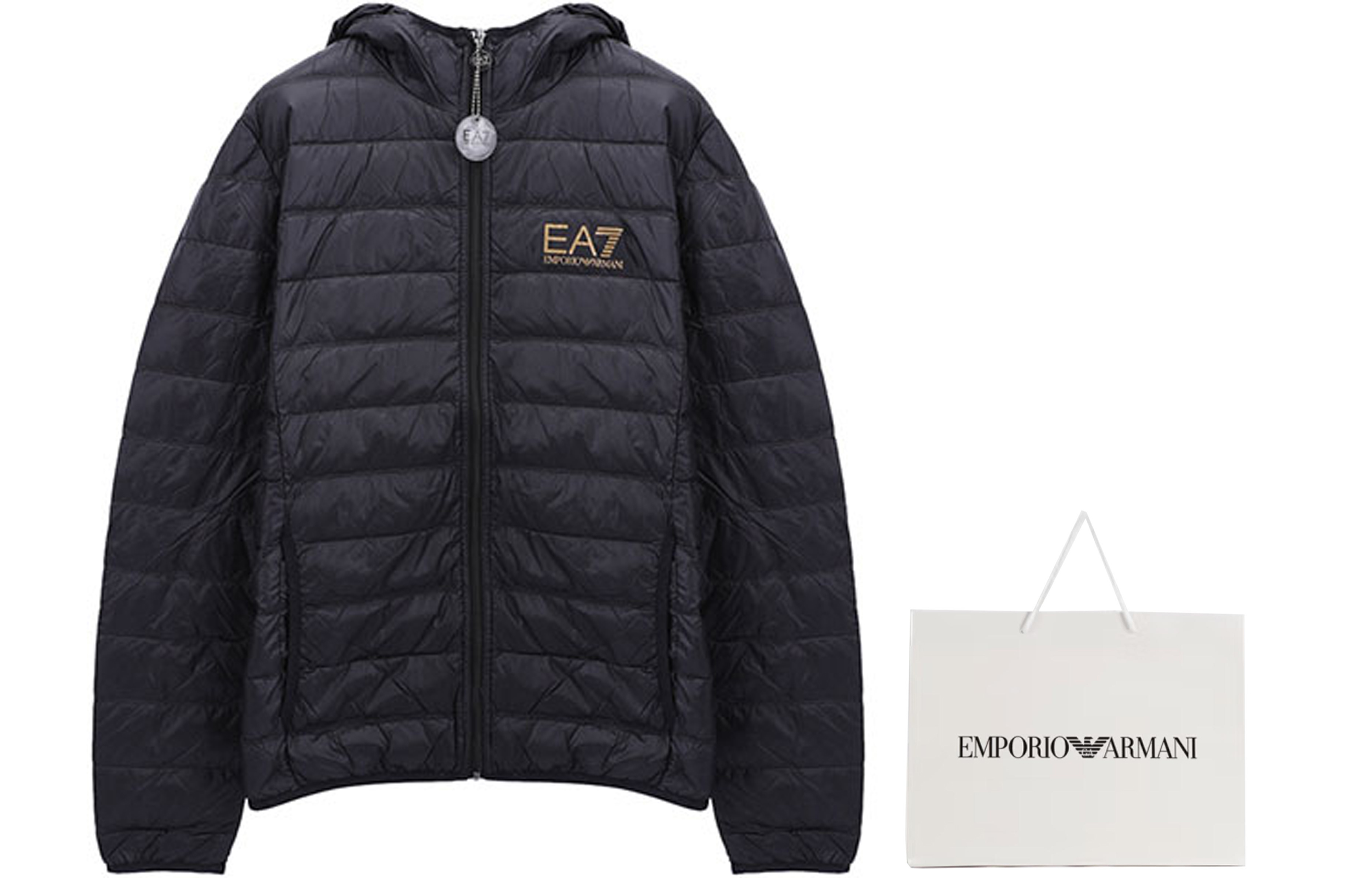 Shop Emporio Armani 黑色菱格羽絨外套冬季大衣 8NPB02-PN29Z-0208