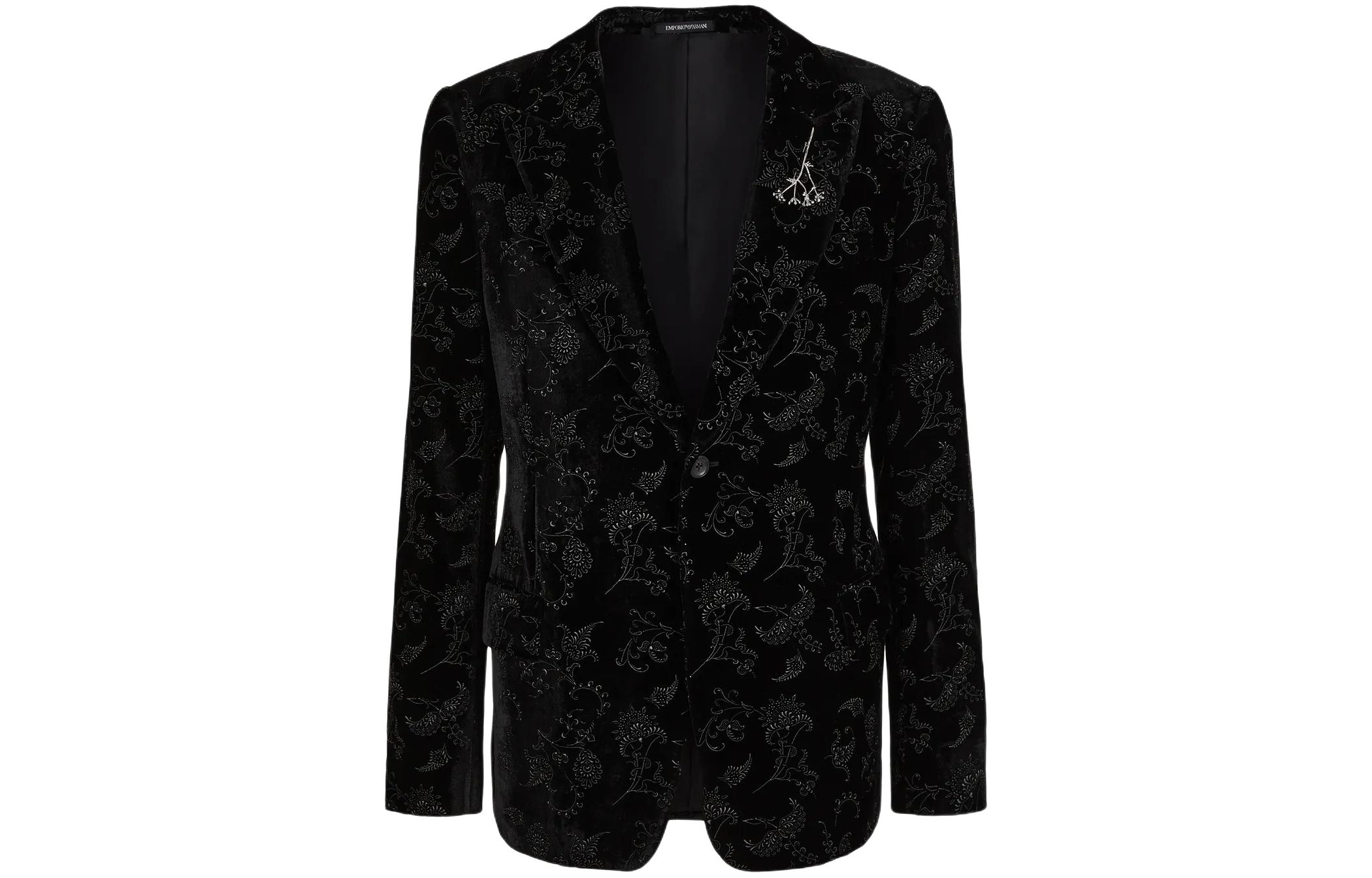 Emporio Armani Black Slim-Fit Blazer with Full-Print Botanical Design E31GB2-F1038-1999
