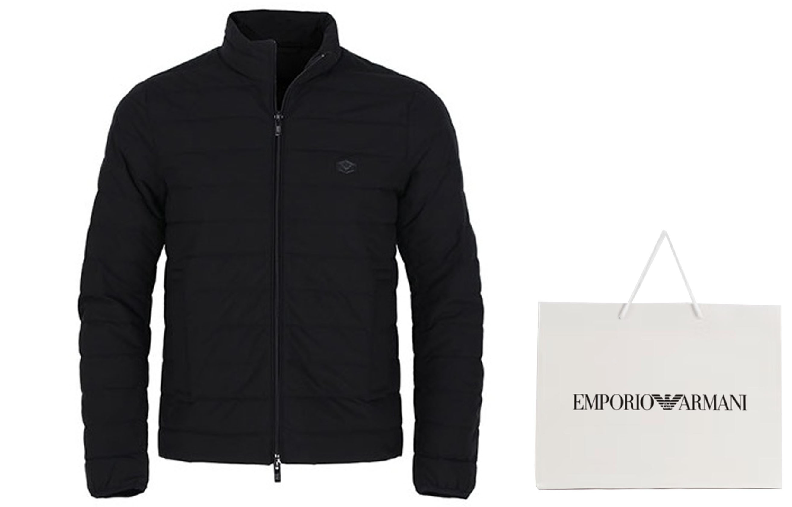 Shop エンポリオアルマーニ ブラック スタンドカラー付きダウンジップアップジャケット 8N1BQ2-1NLRZ-999