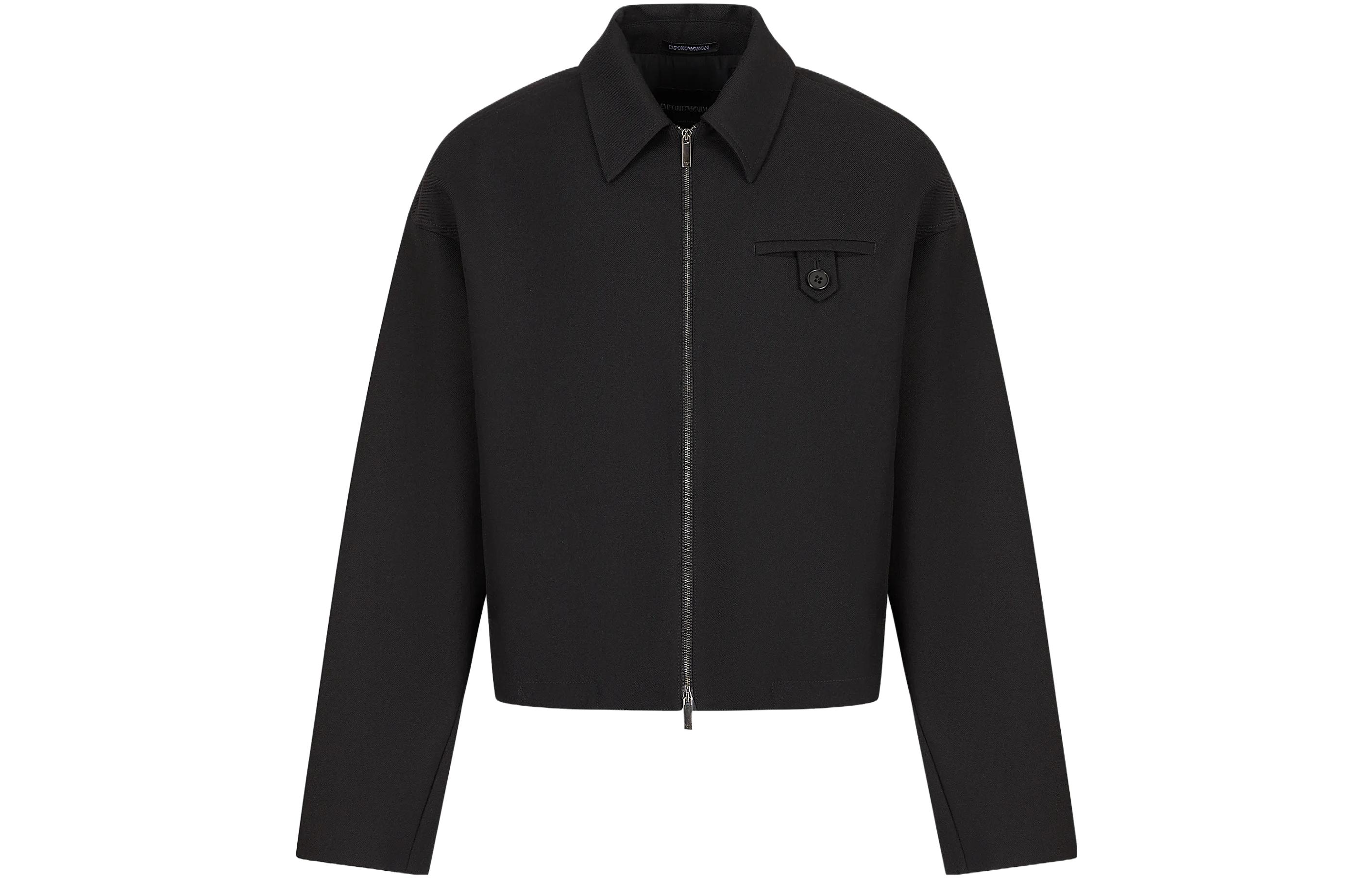 Emporio Armani Black Solid Zipper Jacket with Turn-Down Collar D41R52-D1274-1999