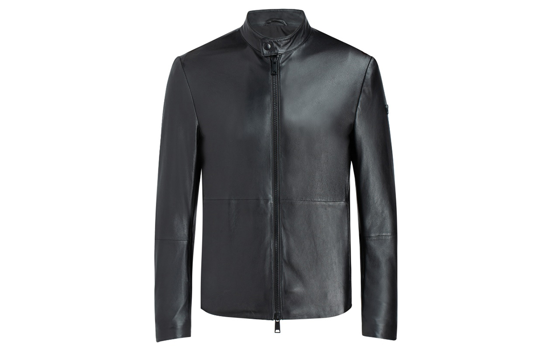 Emporio Armani Black Solid Zipper Leather Jacket Long Sleeve 01B50P-01P5-0999