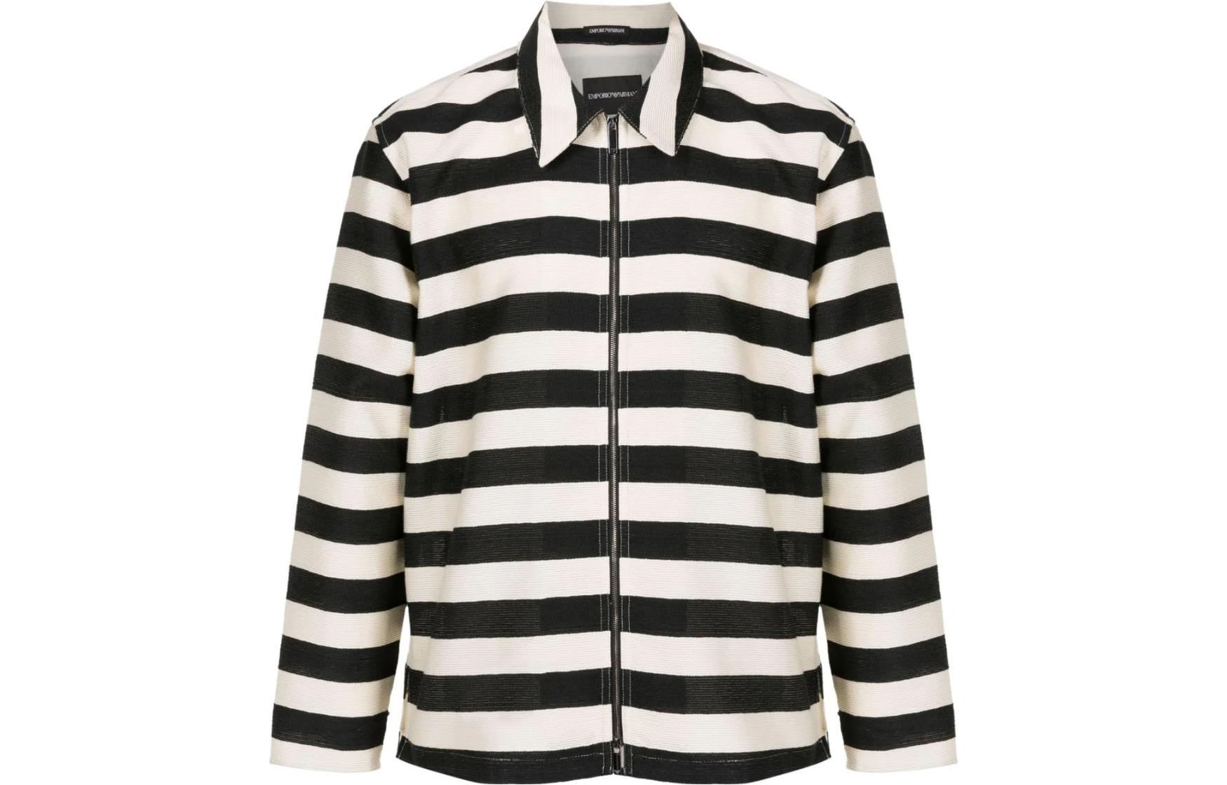 Emporio Armani Black Striped Zip-Up Jacket with Turn-Down Collar D41R51-D1228-1992