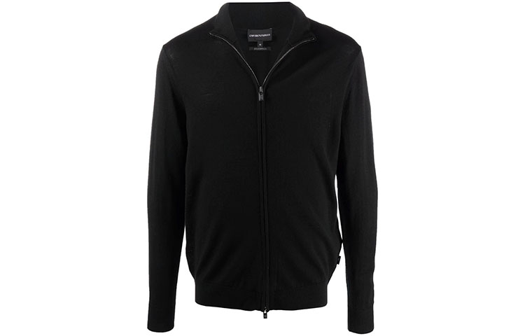 EMPORIO ARMANI Black Zipper Cardigan Sweater FW21 Solid Knit Design. 8N1MUZ1-MJXZ-0999