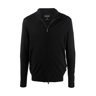 EMPORIO ARMANI Black Zipper Cardigan Sweater FW21 Solid Knit Design. 8N1MUZ1-MJXZ-0999