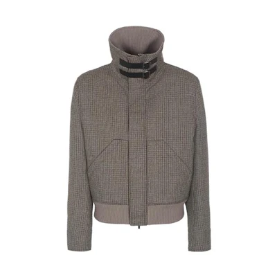 Emporio Armani Brown Houndstooth Mock Neck Full Zip Wool Jacket H41R40-E1204-1445