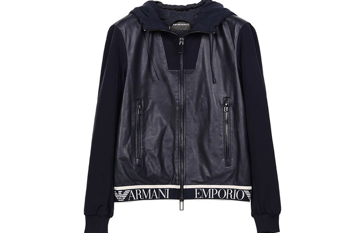 Emporio Armani Deep Blue Hooded Leather Jacket with Logo Hem 91B61P-91P61-922