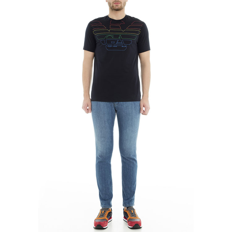 Purchase 安普里奥·阿玛尼蓝色纽扣拉链细节做旧牛仔裤 3G1J36-1D5JZ-0941