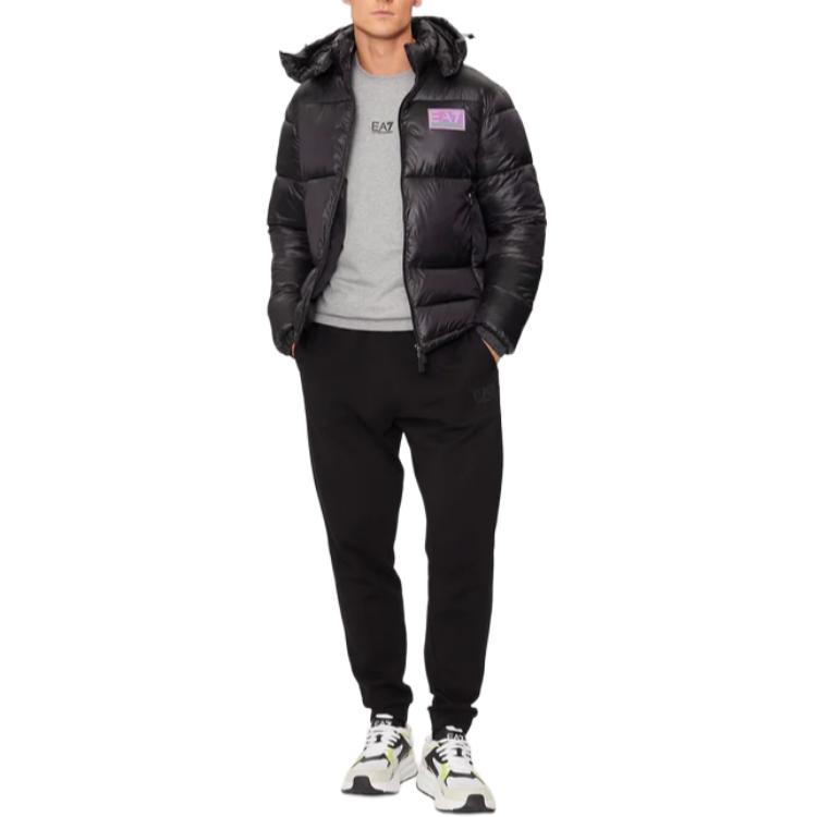 Shop EMPORIO ARMANI EA7 黑色徽标长袖连帽拉链外套夹克. 6DPB71-PN2MZ-1200