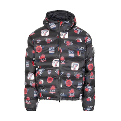 EMPORIO ARMANI EA7 Black Printed Hooded Puffer Jacket with Drawstring. 6RPB37-PN9FZ-2200
