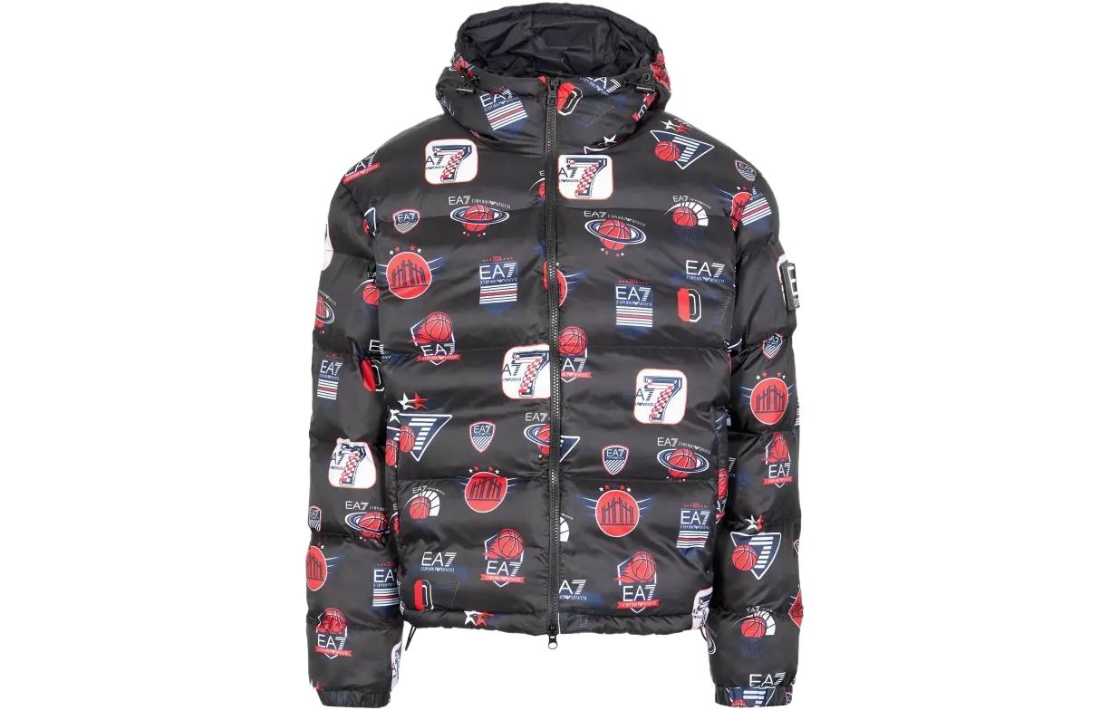 Order EMPORIO ARMANI EA7 Jaket Puffer Hitam Bercetak Berhud dengan Tali Serut. 6RPB37-PN9FZ-2200