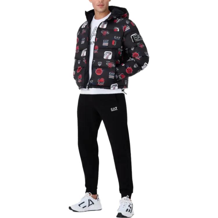 Shop EMPORIO ARMANI EA7 Jaket Puffer Hitam Bercetak Berhud dengan Tali Serut. 6RPB37-PN9FZ-2200