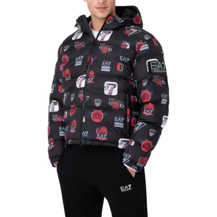 Purchase EMPORIO ARMANI EA7 Jaket Puffer Hitam Bercetak Berhud dengan Tali Serut. 6RPB37-PN9FZ-2200