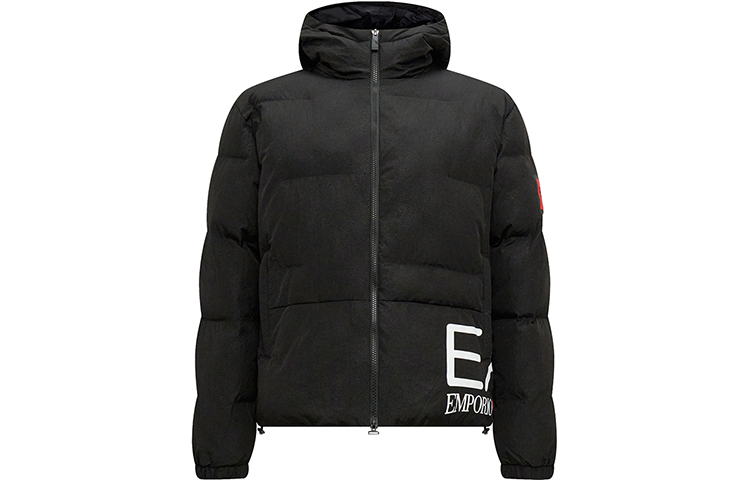 Order EMPORIO ARMANI EA7 Jaket Tebal Hitam Bertudung dengan Cetakan Huruf. 6RPB32-PNEFZ-1200