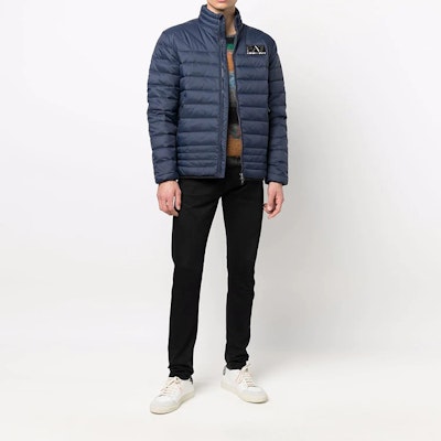 Emporio Armani EA7 Blue Down Jacket with Logo Print and Solid Design. 6KPB14-PNR4Z-1554 Details for Emporio Armani EA7 Blue Down Jacket with Logo Print and Solid Design. 6KPB14-PNR4Z-1554