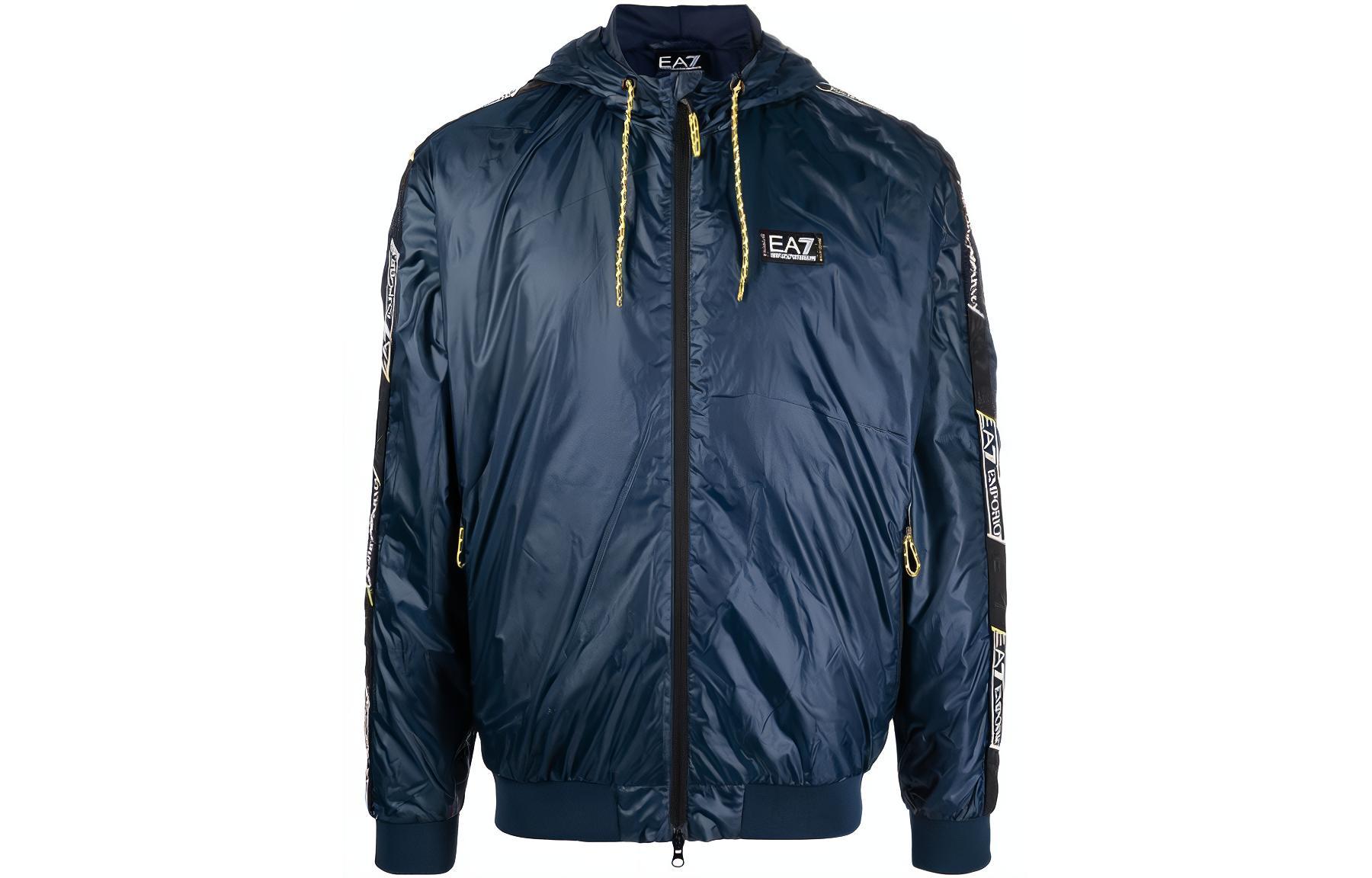 Emporio Armani EA7  Blue Hooded Logo Print Cotton Jacket with Contrasting Trim. 3RPB05-PN5ZZ-1554