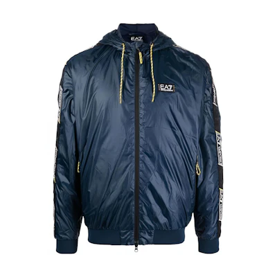 Emporio Armani EA7 Blue Hooded Logo Print Cotton Jacket with Contrasting Trim. 3RPB05-PN5ZZ-1554