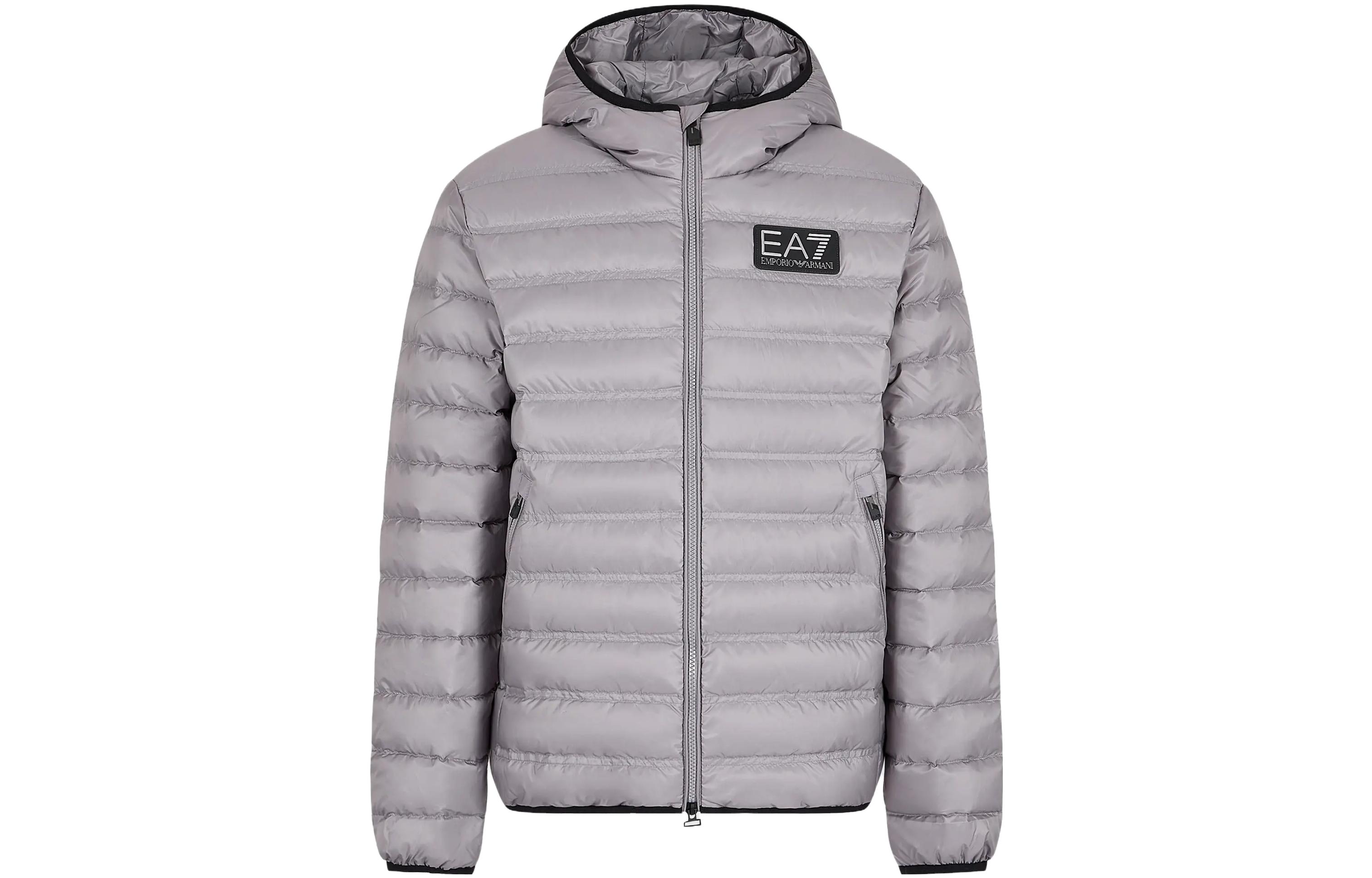 Emporio Armani EA7  Grey Hooded Down Jacket with Logo Patch. 6RPB16-PN5ZZ-1920