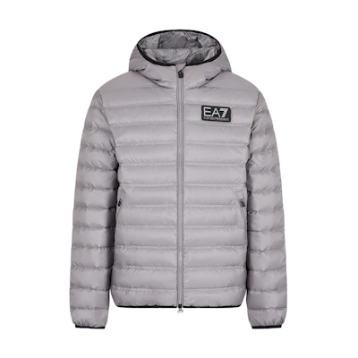 Emporio Armani EA7 Grey Hooded Down Jacket with Logo Patch. 6RPB16-PN5ZZ-1920