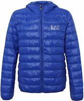 Emporio Armani EA7 Alphabet Print Blue Hooded Down Jacket Winter 8NPB02-PN29Z-1598 Emporio Armani EA7 Alphabet Print Blue Hooded Down Jacket Winter 8NPB02-PN29Z-1598