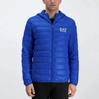 Shop Emporio Armani EA7 字母印花藍色連帽羽絨外套 冬季款 8NPB02-PN29Z-1598