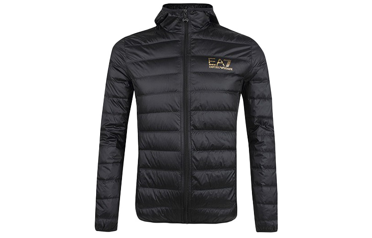 Emporio Armani EA7 Black & Gold Hooded Down Jacket with Logo Print 8NPB02-PN29Z-00208