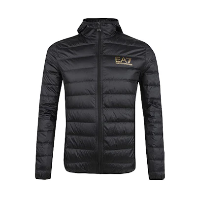 Emporio Armani EA7 Black & Gold Hooded Down Jacket with Logo Print 8NPB02-PN29Z-00208