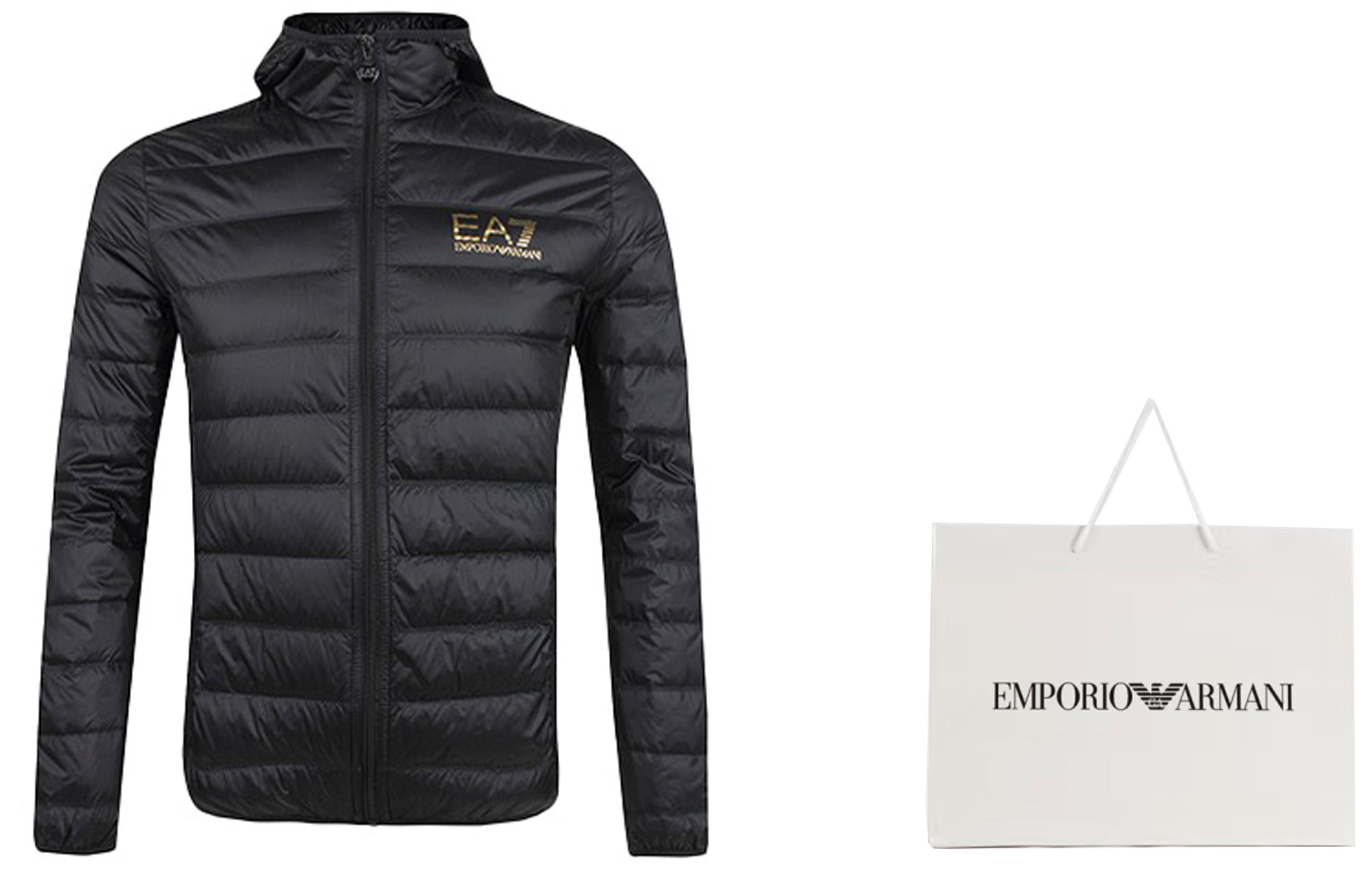 Shop 安普里奥·阿玛尼EA7黑金连帽羽绒夹克带徽标印花 8NPB02-PN29Z-00208
