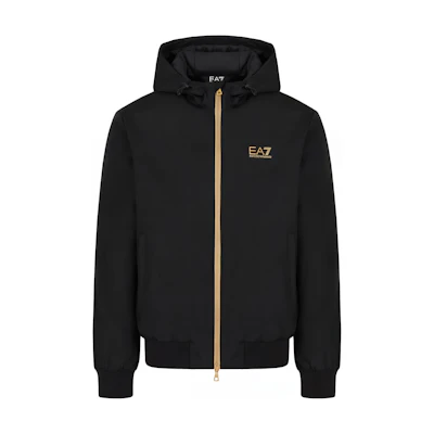 EMPORIO ARMANI EA7 Black Hooded Zip Cotton Jacket with Logo Print. 8NPB21-PNFZZ-0208