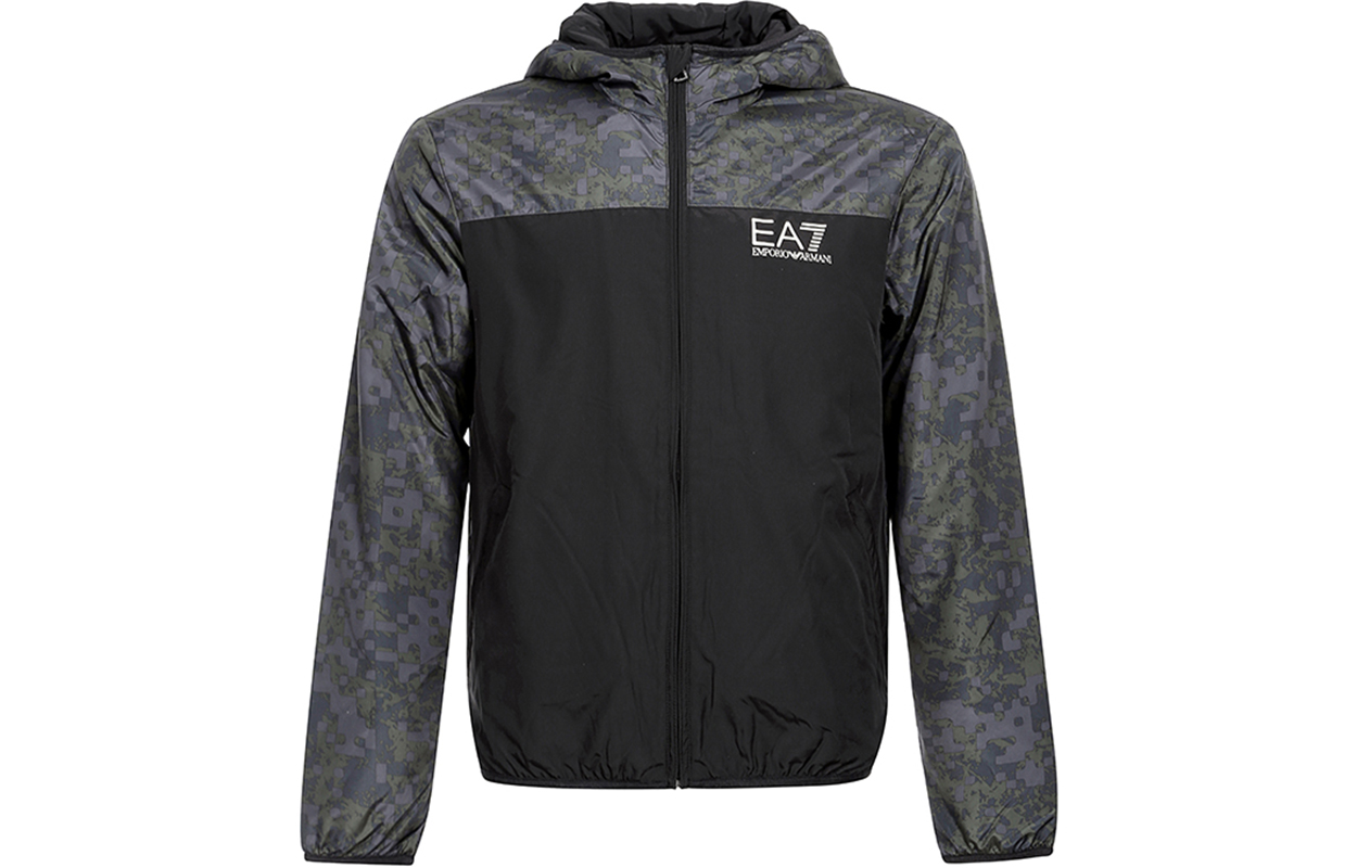 Emporio Armani EA7 Black Camouflage Logo Print Hooded Jacket 6ZPB61-PN28Z-1200