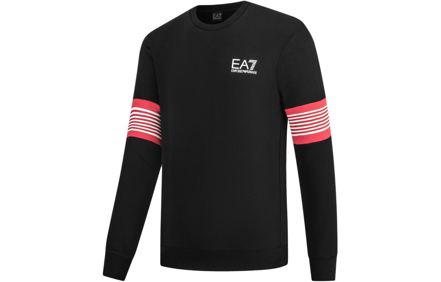 Shop Emporio Armani EA7 黑色條紋字母印花圓領運動衫 6RPM56-PJ07Z-1200