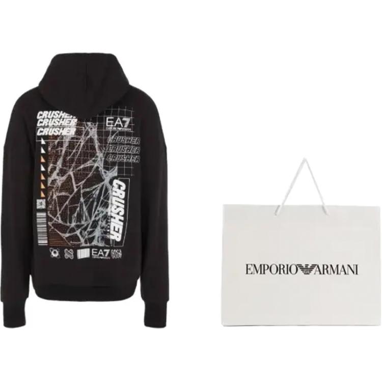 Shop Emporio Armani EA7 黑色字母印花抽繩衛衣 6RPM44-PJSAZ-1200