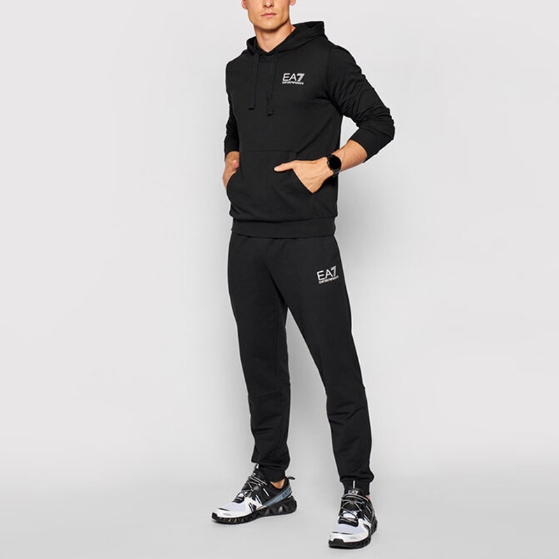 Shop Emporio Armani EA7 Hoodie Hitam dengan Cetakan Lengan - Musim Bunga/Luruh 8NPM18-PJ05Z-0203