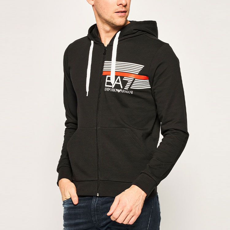 Shop Emporio Armani EA7 Hoodie Hitam dengan Resleting dan Logo Print 3HPM54-PJ05Z-1200