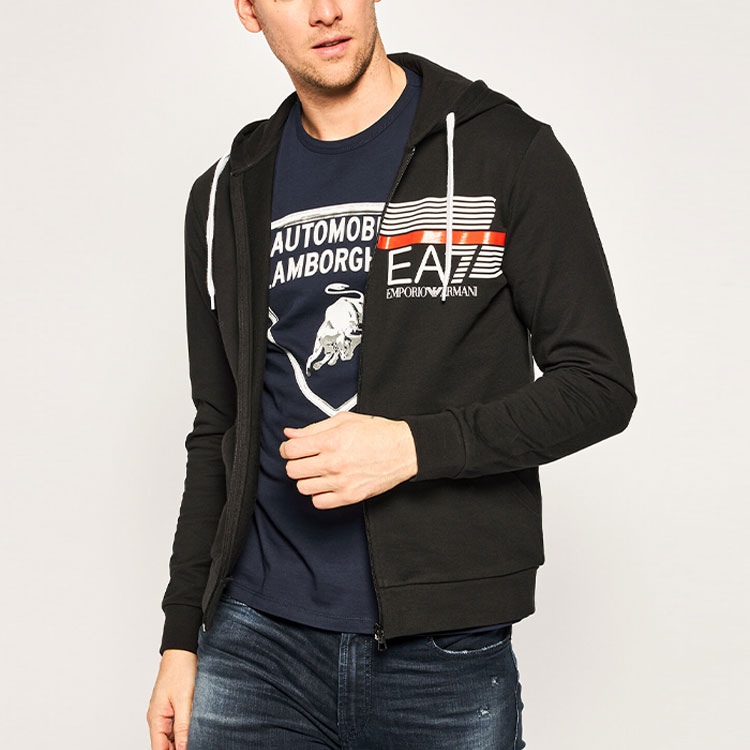 Purchase Emporio Armani EA7 Hoodie Hitam dengan Resleting dan Logo Print 3HPM54-PJ05Z-1200