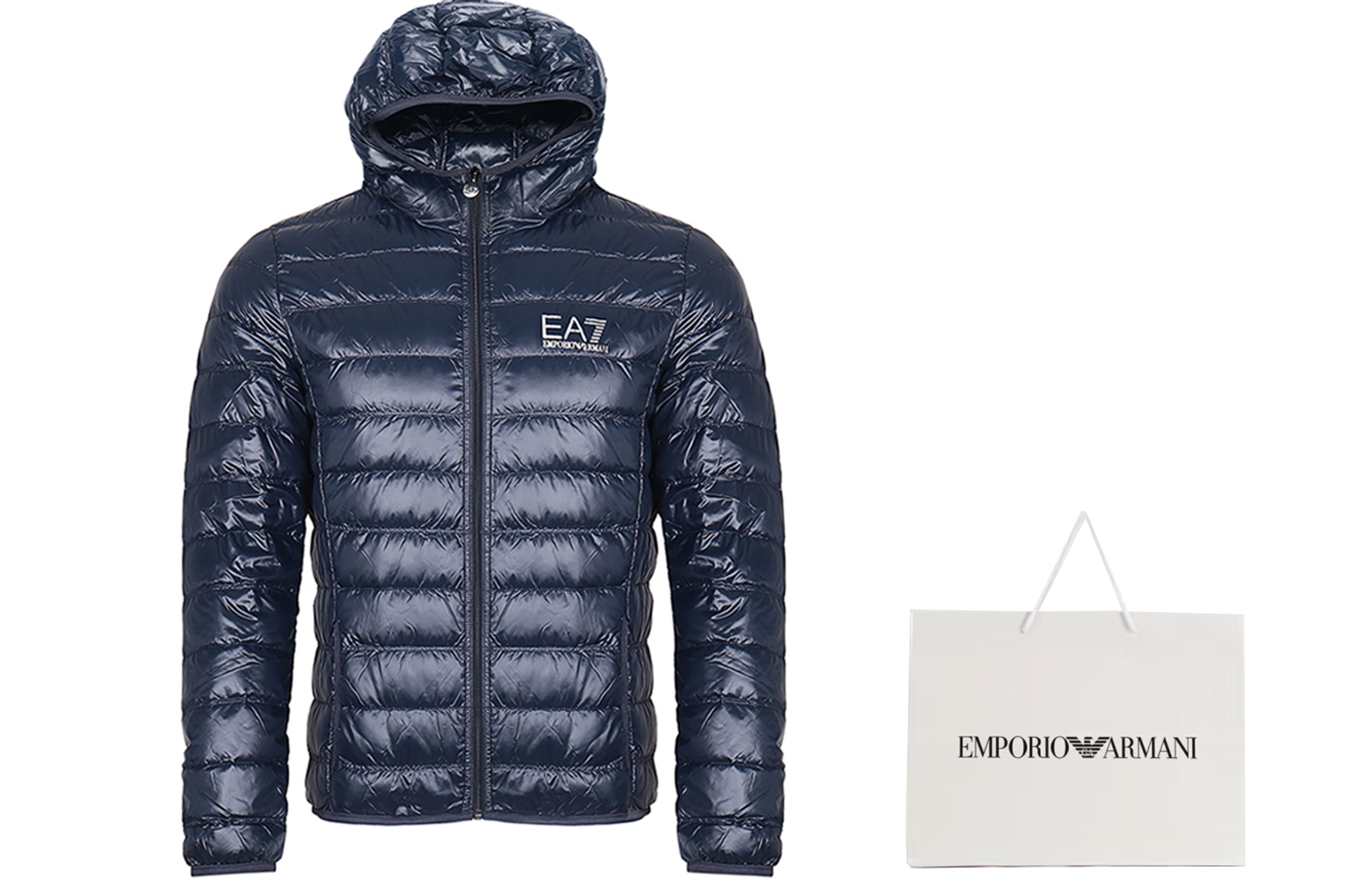 Shop EMPORIO ARMANI EA7 Deep Blue Hooded Down Jacket Winter Collection 8NPB02-PN29Z-1578
