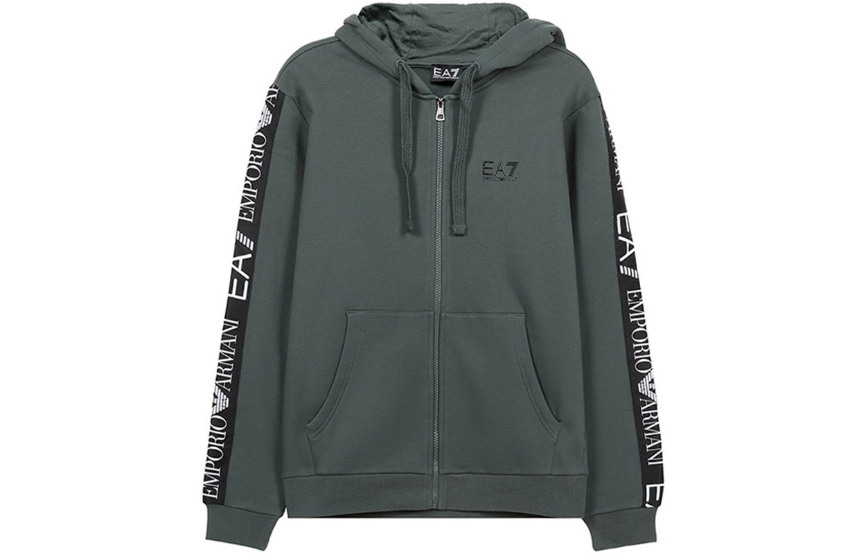 Emporio Armani EA7 FW20 Letter Print Fleece Zip Hoodie Grey Green 6HPM12-PJ07Z-1984