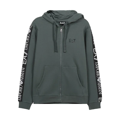 Emporio Armani EA7 FW20 Letter Print Fleece Zip Hoodie Grey Green 6HPM12-PJ07Z-1984