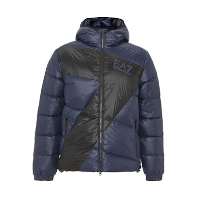 EMPORIO ARMANI EA7 FW22 Navy Logo Patch Colorblock Down Jacket. 6LPB53-PNR4Z-1554