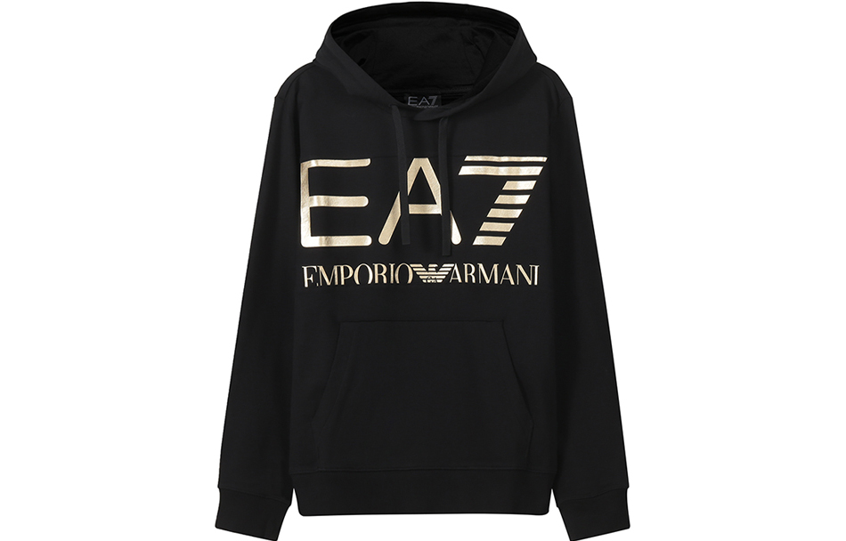 Order Emporio Armani EA7 FW22 Hoodie Hitam Emas Logo Pakaian Kasual 6LPM52-PJFGZ-0208