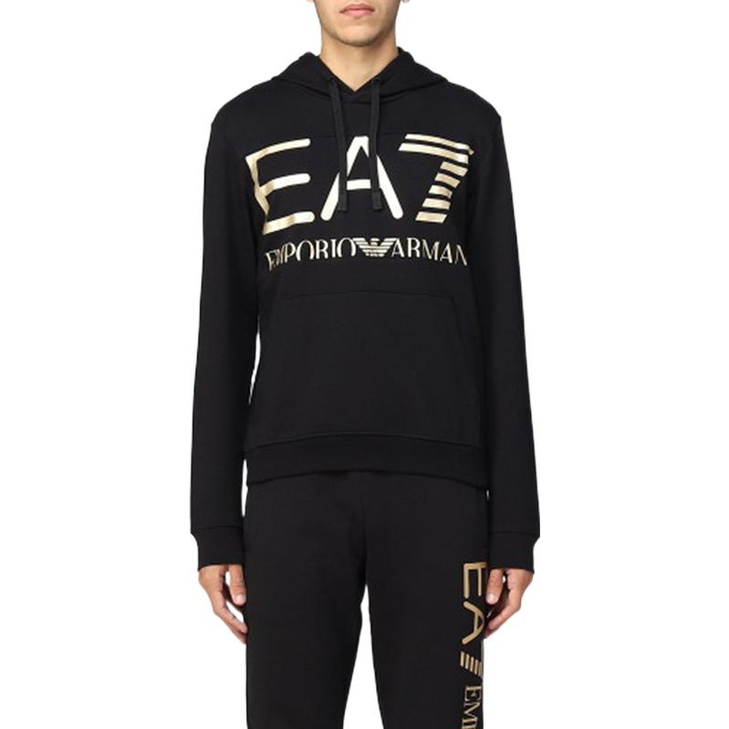 Shop Emporio Armani EA7 FW22 Hoodie Hitam Emas Logo Pakaian Kasual 6LPM52-PJFGZ-0208