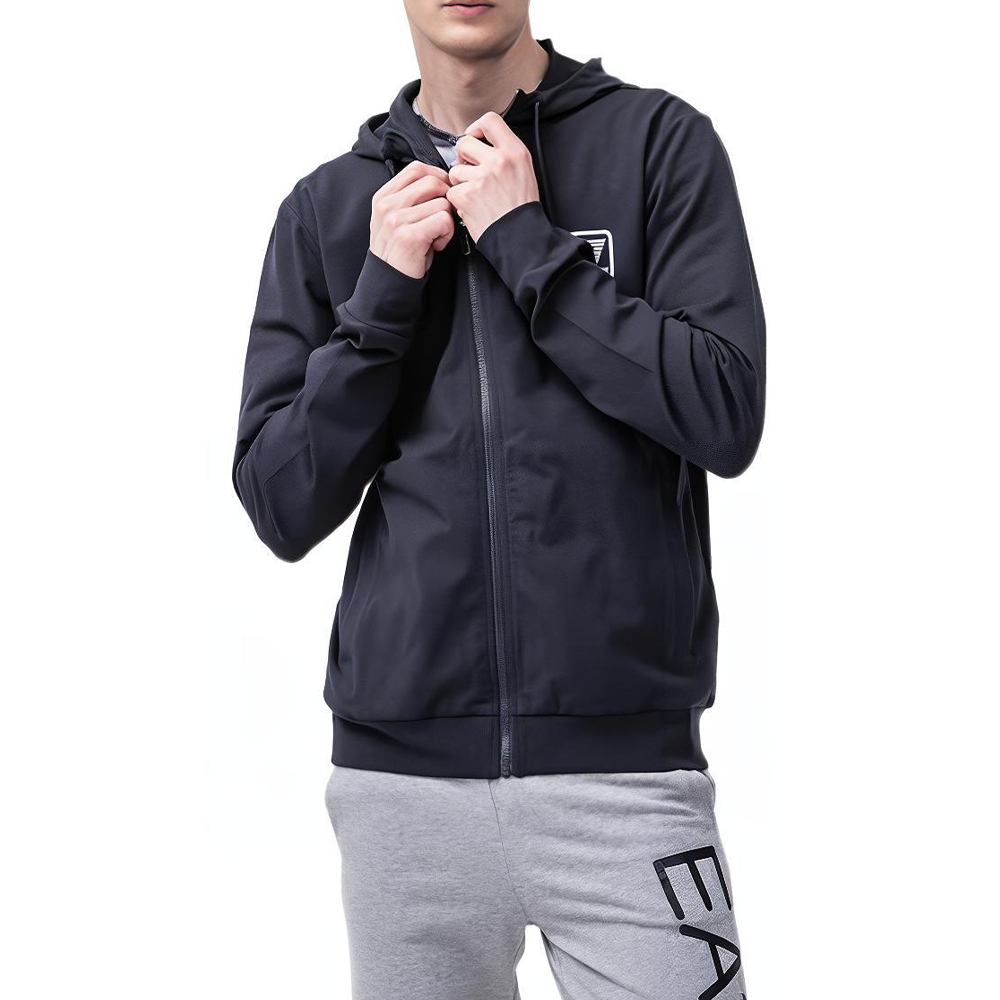 Emporio Armani EA7 FW22 Blue Logo Print Hooded Zip-Up Jacket 3LPM05-PJCSZ-1578