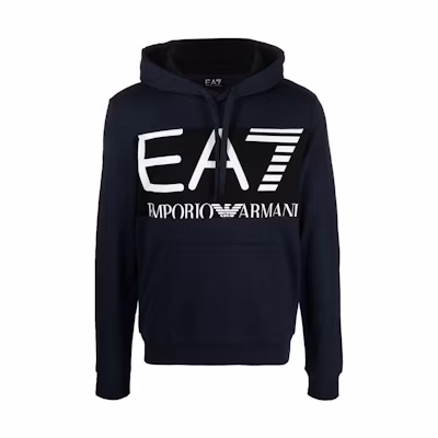Emporio Armani EA7 FW22 Logo Print Drawstring Hoodie Navy Blue Men’s 6LPM52-PJFGZ-1554