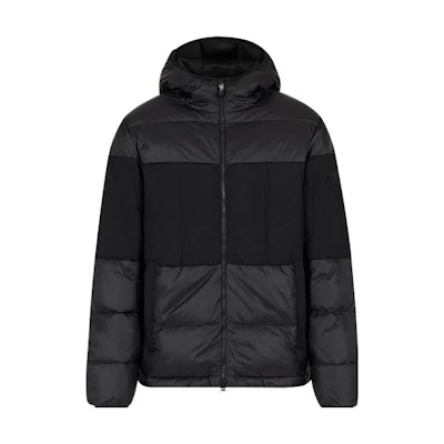 EMPORIO ARMANI EA7 FW23 Black Colorblock Hooded Down Jacket. 6RPB01-PNEOZ-1200