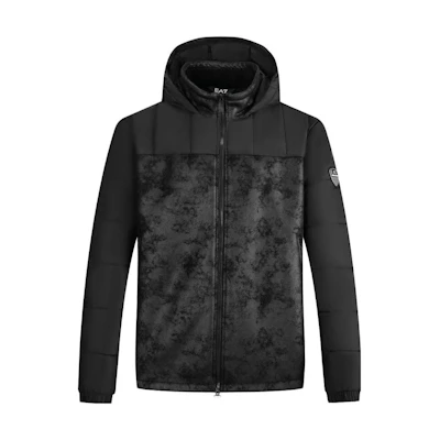 EMPORIO ARMANI EA7 FW23 Black Patchwork Logo Hooded Cotton Jacket 6RPBA5-PN54Z-1200