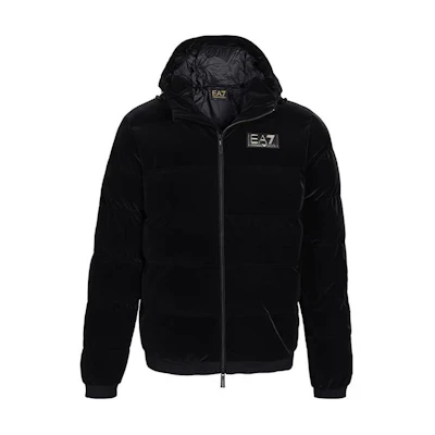 EMPORIO ARMANI EA7 FW23 Black Logo Print Hooded Cotton Jacket for Men. 6RPB19-PNEBZ-1200